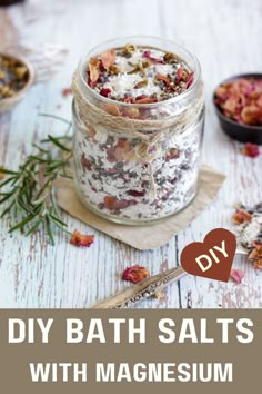 Homemade Bath Salts Recipe for Sore Muscles | Epsom Salt Bath. DIY Epsom salt bath, Epsom salt foot soak, sore muscles, with or without essential oils. With rose, lavender, or dried herbal ingredients. Making your own bath salts is ridiculously easy and even a fun activity to do with kids! Magnesium bath soak recipe DIY for muscle relaxation, pain relief, reduced stress, detox, skin health. Recipes for DIY Natural Body Care Products Epson Bath Salts Diy, Bath Salt Jar With Spoon, Diy Magnesium Bath Salts, Natural Bath Soak, Salt Soak Recipe, Diy Magnesium Bath Soak, Epsom Salt Bath Soak Recipe, Lavender Epsom Salt Bath Diy, How To Make Magnesium Chloride Brine