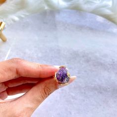 Amethyst Crystal Ring, Amethyst Gold Natural Stone, Positive Energy, Intoxication gift, Free Delivery. Hand made! *PLEASE NOTE: The picture displayed is for reference. Please be advised your chosen crystals will differ in size and colour as each is natural and unique* ✨check out the rest of my crystal jewellery here. Uplift your spirit and manifest more positivity and happiness with these wire wrapped Amethyst crystal points. What healing powers does the stone posses? - Amethyst is the birthston Spiritual Crystal Ring With Raw Stone For Gifting, Spiritual Raw Stone Crystal Ring Gift, Lavender Stone Jewelry Gift, Gold Amethyst Ring With Natural Stones As Gift, Amethyst Ring With Natural Stones For Healing, Amethyst Gemstones As A Gift, Amethyst Crystal Gift, Gold Amethyst Ring Spiritual Gift, Gold Spiritual Amethyst Ring Gift