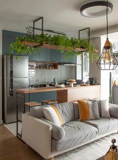 a living room filled with furniture and lots of greenery hanging from the ceiling above