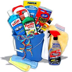 a bucket filled with cleaning products and other household care items on top of a white background