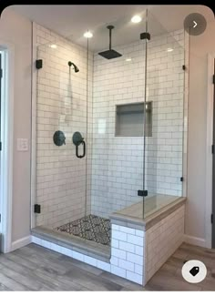 a walk in shower sitting inside of a bathroom next to a door and window on the wall