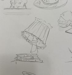 this is an image of sketches of lamps and plates on a table with flowers in the background