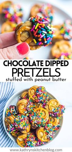 chocolate dipped pretzels stuffed with peanut butter and sprinkles on a plate