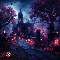 a halloween scene with pumpkins lit up in front of a gothic - style church