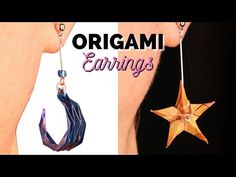 an image of earrings with the words origami earrings on it and a woman's face