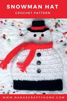 a crocheted snowman hat and scarf laying on a white furnishing