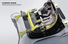 two people sitting in a futuristic car with yellow accents