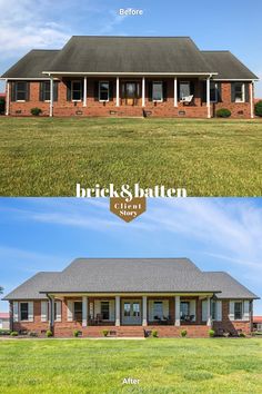 before and after shots of a brick ranch house with porches on the front and side