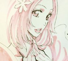 a drawing of a girl with pink hair