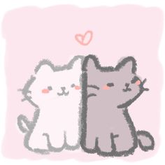 two cats sitting next to each other on top of a pink surface with a heart in the background