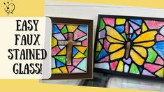 two stained glass windows with the words easy faux stained glass on them and an image of a cross