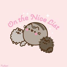 an image of a cat and two sheeps on the pink background with words on the nice list