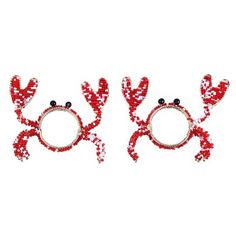 two red and white beaded crab earrings