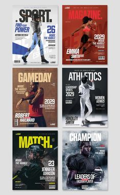 four different sports magazines with the same cover design as well as numbers and colors on them