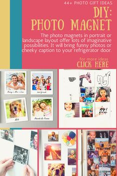 a collage of photos with text that reads, photo magnets the photo magnets in portrait or landscape layout offer lots of imaginative possibilities