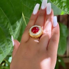 22k gold-plated brass ring with genuine pearls and semiprecious stone. Adjustable size. Pearl Halo, Ring With Pearl, Gold Statement Ring, Brass Ring, Red Stone, 22k Gold, Statement Ring, Rings Statement, Semiprecious Stones