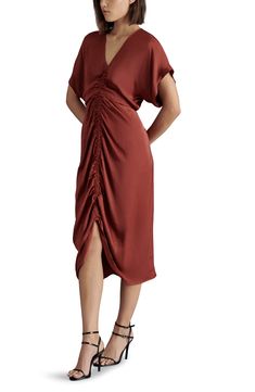 Ruching down the front creates fabulous shape on this woven midi dress framed by relaxed dolman sleeves. Slips on over head V-neck Short sleeves Unlined 100% polyester Hand wash, dry flat Imported Dolman Sleeve Dress, Fall Wedding Guest, Fall Wedding Guest Dress, Radiant Orchid, Ruched Midi Dress, Fall Shopping, Staple Pieces, Nordstrom Dresses, Dolman Sleeve