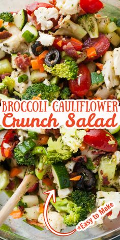 broccoli cauliflower crunch salad in a glass bowl