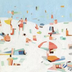 an abstract painting with many different colors and shapes on white paper, including blue sky