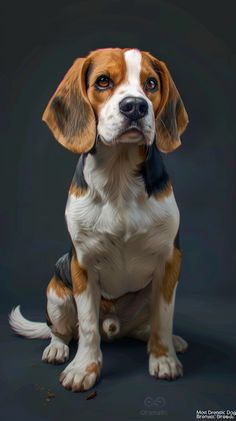 a brown and white dog sitting on top of a black floor next to a gray background