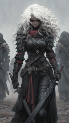 a woman with long white hair standing in front of other people wearing armor and holding swords