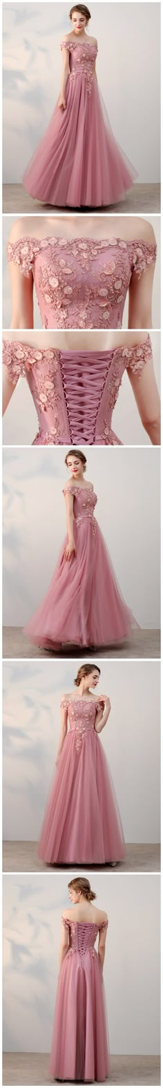 CHIC A-LINE OFF-THE-SHOULDER PINK APPLIQUE TULLE MODEST LONG PROM DRESS EVENING DRESS AM230 Sukienki Maksi, Dresses Fitted, Boho Prom, Fancy Ball, Classy Prom, Dresses Flowy, Junior Prom, Modest Prom, Prom Dress Evening