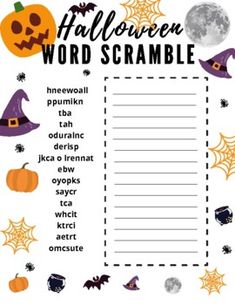 halloween word scramble with pumpkins and bats