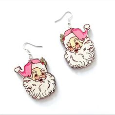 New! Vintage Style Santa With Pink Hat Drop Earrings Set In Resin Holiday Vintage Christmas Aesthetic Vintage Christmas Aesthetic, Holiday Party Accessories, Hot Pink Earrings, Santa Gnome, Minnie Mouse Earrings, Boho Chic Earrings, Long Tassel Earrings, Christmas Gnomes, Printed Jewelry