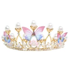 This Is A Brand New Women's Ethereal Floral Butterfly Pearl Tiara Crown. This Beautiful Crown Features Gold Toned Metal, Ornate Filigree, Pink / Blue Ombre Butterflies, Glass Rhinestones, Pearls, And Intricate Hand Strung Beading. High-Quality! Perfect For Special Occasions, Weddings, Bachelorette Party, Princess Costumes, Disney Bounding, Photo Shoots, And More! All Orders Are Packaged With And Are Shipped Out Asap! Questions? Leave Us A Comment! We Are More Than Happy To Help! New To Poshmark? Butterfly Crown Tiaras, Fairy Crowns Diy, Fairy Jewelry Tiara, Butterfly Tiara, Gold Crown With Pink Jewels, Wizard Jewelry, Whimsical Adjustable Pink Crown, Pink Crystal Tiara, Magical Clothes