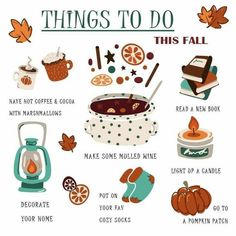 things to do this fall with pumpkins, books and tea on white background illustration