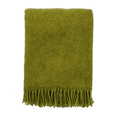 a green blanket with fringes on the bottom and one end folded up to show it's texture