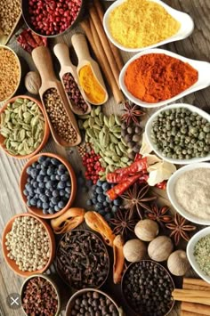 many different types of spices in bowls and spoons