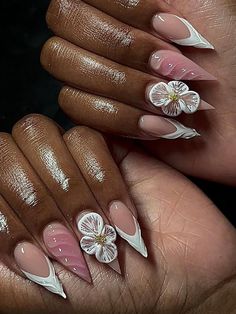 Flower Nails With French Tip, Stiletto Nail Shape, Nails With French Tip, Sweet 16 Nails, Gel Polish Nails, Medium Stiletto, 3d Flower Nails, Polish Nails