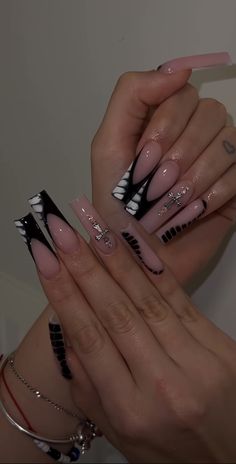 Teal Acrylic Nails, Black And White Nail, Black And White Nail Designs, Glow Nails, White Nail Designs, Long Square Acrylic Nails, White Nail, Bling Acrylic Nails, Pink Acrylic