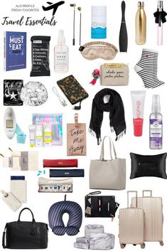 an assortment of travel essentials including toiletries, bags, and other personal items