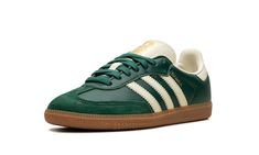 The Women’s adidas Samba OG “Collegiate Green” is a women’s-exclusive colorway of the retro indoor soccer shoe with a green-based appearance.  The adidas Samba is one of the most popular sneakers in the world, and here, its timeless design is featured in a Collegiate Green leather construction.  Cream Three Stripes branding appears on the sides, while more cream accenting is found on the leather heel tab and tongue that features classic adidas Samba branding.  A gum rubber sole completes the loo Adidas Shoes Samba, Samba Og Shoes, Stripes Branding, Vapormax Nike, Nike X Travis Scott, Classic Adidas, Adidas Samba Og, Indoor Soccer, Euro Summer