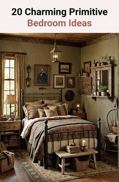 the bedroom is decorated in rustic style and has pictures on the wall above the bed