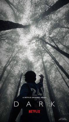 the dark movie poster with a person standing in front of tall trees and looking up into the sky