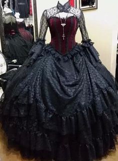 Vintage+Black+Gothic+Wedding+Dresses+Bridal+Ball+Gown+Long+Sleeves+High+Neck+Velvet+Lace+Tiered