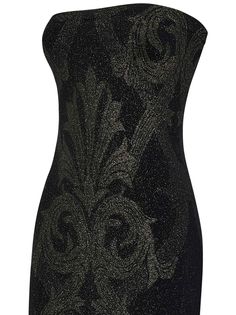 92% Poliammide, 5% Elastan, 3% Polyester Composition: Strapless Neckline Invisible Knitted Hems Circular Knitted Paisley Pattern Wolford X Etro Collaboration Color: Black/gold 92% Polyamide, 5% Elastane, 3% Polyester Made In Slovenia Wolford Dress Outfits, Luxury Fitted Black Bodice, Wolford Fatal Dress, Luxury Black Jacquard Knit Tops, Luxury Black Viscose Mini Dress, Etro Dress, Versace Sweatshirt, Black Maxi, Valentino Bags