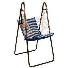 a blue and white striped hammock hanging from a metal stand on an isolated white background