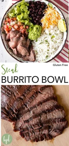 steak burrito bowl with black beans, rice and guacamole on the side