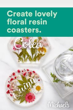 three coasters with flowers and the words create lovely floral resin coasters