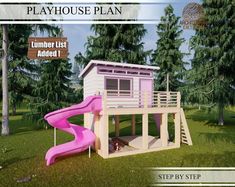 a play house with a pink slide in the grass next to some trees and bushes