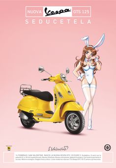 a yellow scooter with a woman in bunny ears on the front and side