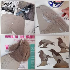 several pictures of birds that are being made