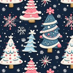 christmas trees and snowflakes on a dark blue background with pink, white and red accents