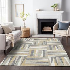 a living room area with couches, chairs and a rug in front of a fireplace