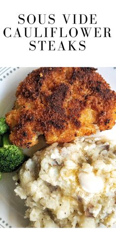 a white plate topped with mashed potatoes and broccoli