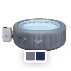 an inflatable hot tub with the lid open and two color swats next to it